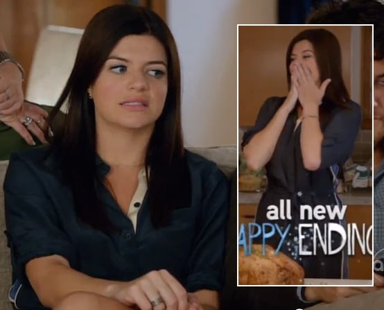 Penny's navy blue shirt dress on Happy Endings Thanksgiving Episode