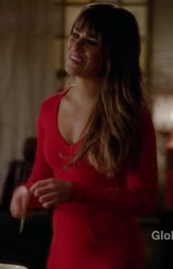 Rachel Berry's red longsleeve sweater dress on Glee season 4