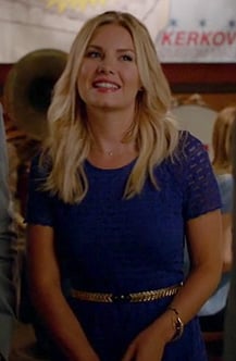 Elisha Cuthberts blue lace dress with gold belt on Happy Endings