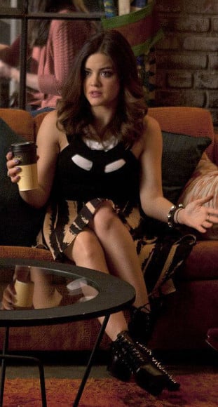 Aria's black cutout dipped hem dress on Pretty Little Liars