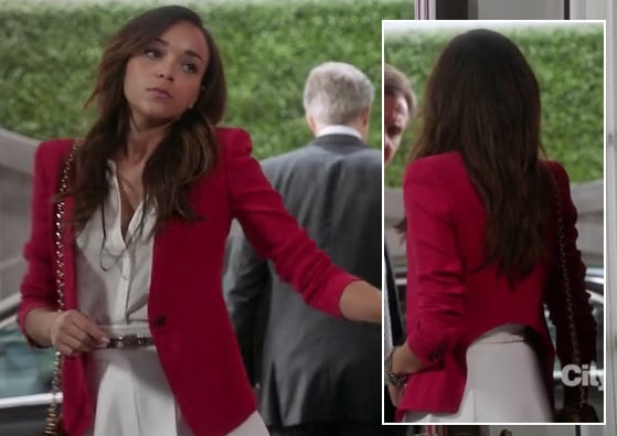 Ashley’s red blazer with back cutout and white blouse and skirt on Revenge