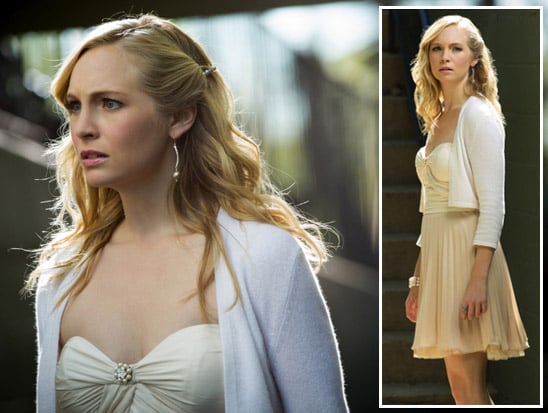 Caroline's cream sweetheart dress with white cardigan on Vampire Diaries