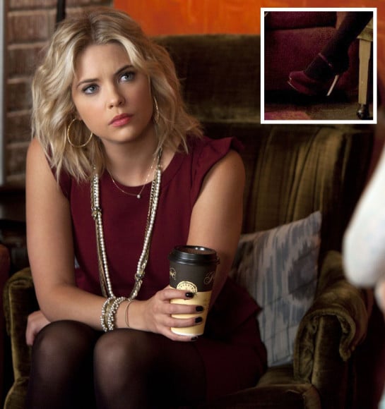 Ashley Benson's ox blood peplum dress on PLL