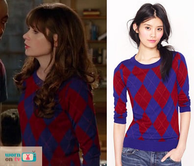 Jess’s blue and red argyle check sweater on New Girl