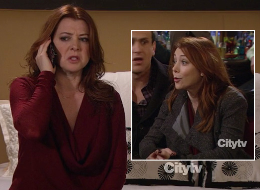 Lily’s burgundy cowl neck top and grey jacket on How I Met Your Mother