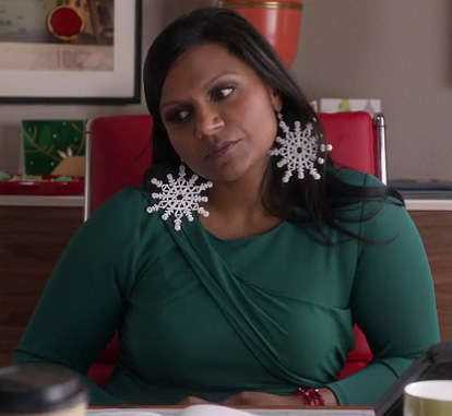 Mindy’s green dress and oversized snowflake earrings on The Mindy Project
