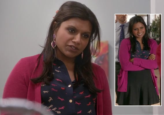 Mindy Kaling's navy and pink horse print blouse on The Mindy Project