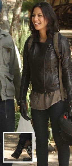 Olivia Munns leather jacket and feather tank top on New Girl