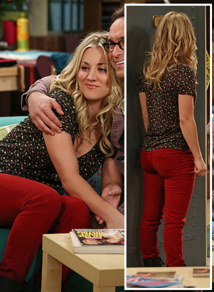 Penny's black floral top and red jeans on The Big Bang Theory