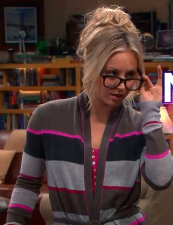 Penny's pink, brown and grey striped cardigan wrap sweater on The Big Bang Theory