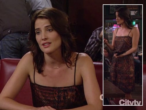 Robin’s orange printed dress on How I Met Your Mother