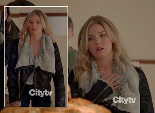 Alex's black and white leather fur coat on Happy Endings