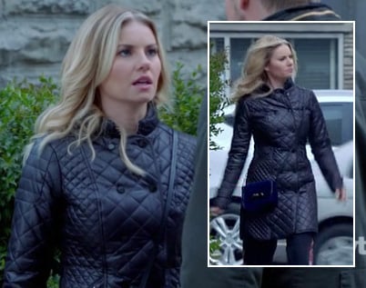 Alexs long black quilted coat on Happy Endings