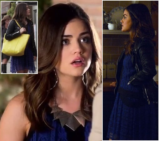 Aria's blue lace dress and silver triangle necklace