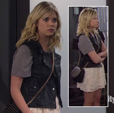 Ashley Benson’s leather moto vest, white lace skirt and studded purse on How I Met Your Mother