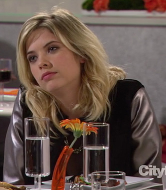 Ashley Benson’s metallic sleeve bomber jacket on How I Met Your Mother