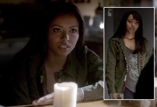 Bonne’s green cargo jacket with embroidered trim on The Vampire Diaries