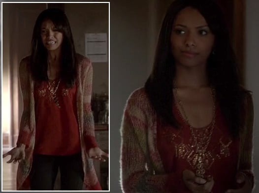 Bonnie's long stripe cardigan and red and gold top on The Vampire Diaries