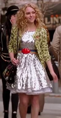 Carrie’s silver sequin dress and green leopard print cardigan on The Carrie Diaries