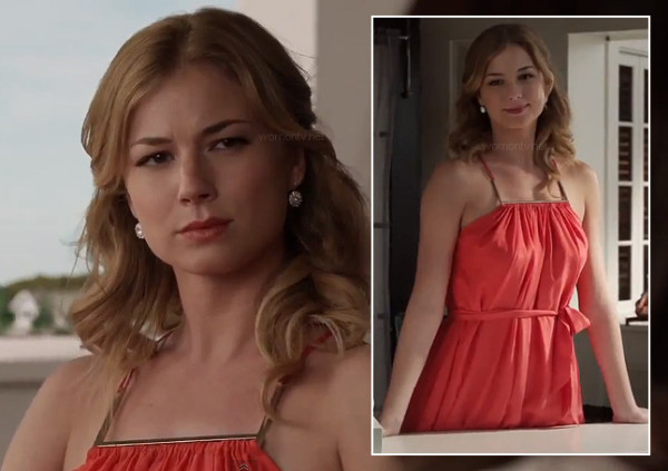 Emily's red dress with gold bar on Revenge