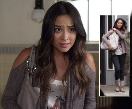 Emily's grey shoulder cutout cardigan on PLL