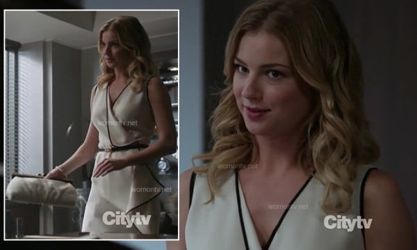 Emily's white wrap dress with black trim on Revenge