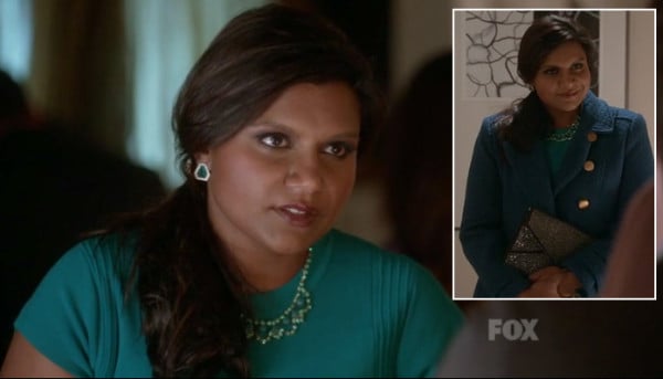 Mindy's green dress with necklace and earrings on The Mindy Project