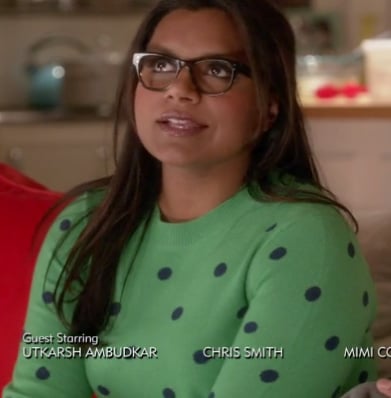 Mindy Kaling's green and navy blue polka dot sweater on The Mindy Project