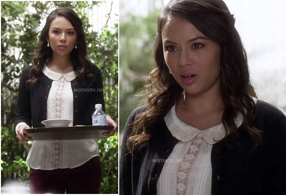 Mona's white lace and pleated blouse with collar on PLL