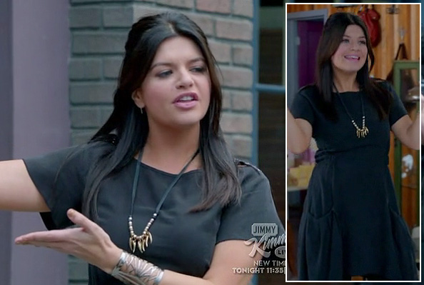 Penny’s black oversized pocket dress with gold necklace and silver cuff on Happy Endings