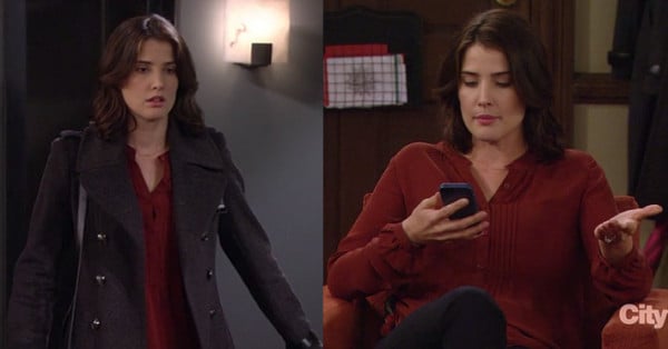 Robin's red pleated henley top on HIMYM