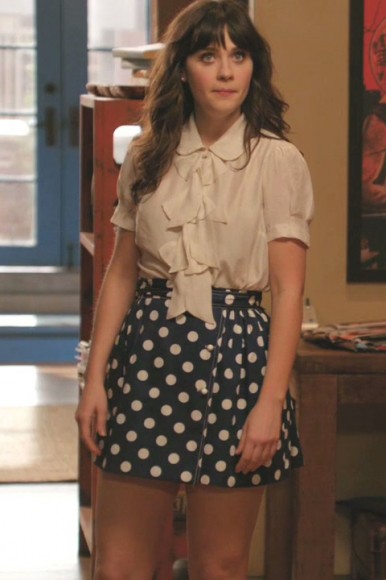 Jess’s blue polka dot skirt on New Girl
