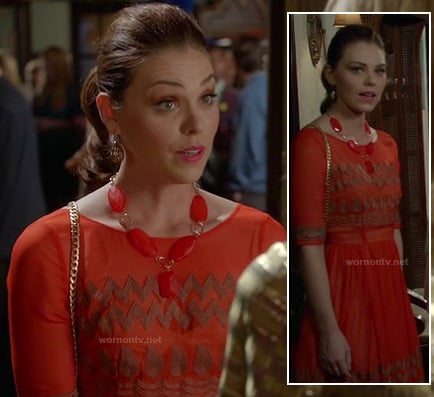 Annabeth's red and gold zigzag teardrop dress on Hart of dixie