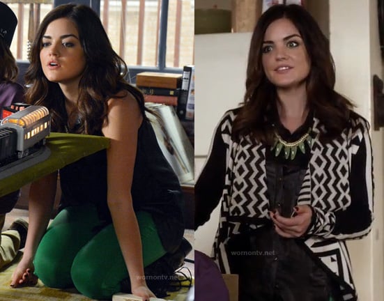 Aria's black and white print cardigan and green pants on PLL