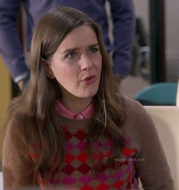 Betsey's brown, red and pink sweater on The Mindy Project