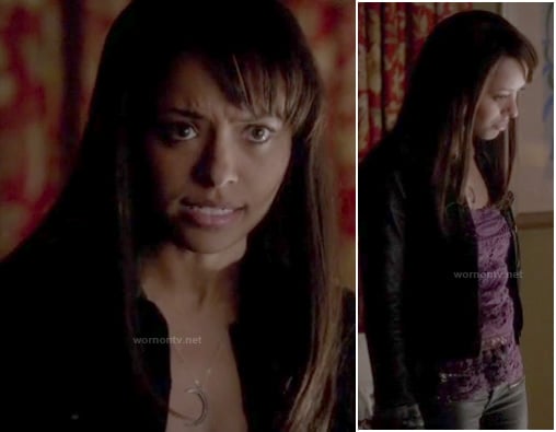 Bonnie’s purple lace top and crescent moon necklace