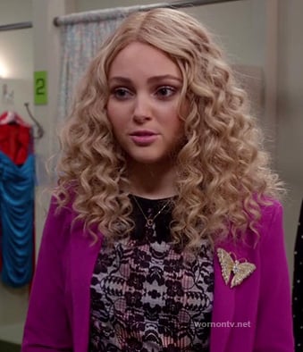 Carrie's lace dress with pink blazer and butterfly pin on The Carrie Diaries