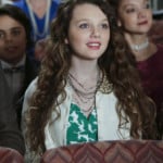Dorrit’s green and white dress with embellished collar cardigan on The Carrie Diaries