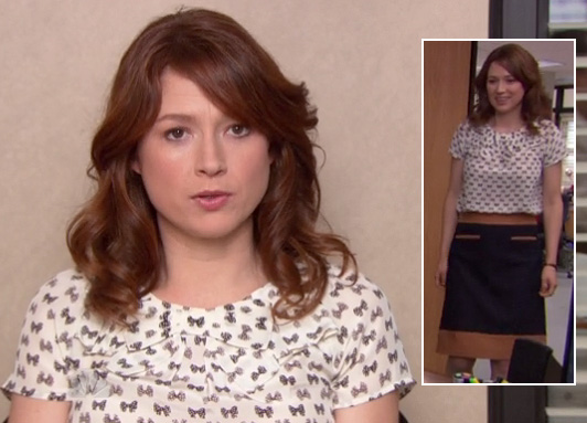 Erin’s bow print top and navy pencil skirt on The Office