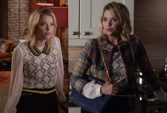Hanna’s beaded peter pan collar necklace, plaid jacket and white sheer blouse on Pretty Little Liars