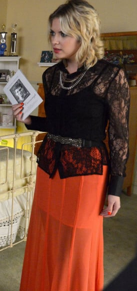 Hanna's orange maxi skirt and black lace shirt on PLL