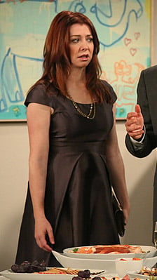 Lily’s metallic grey dress with front pleats on How I Met Your Mother