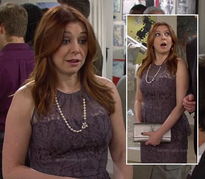 Lily’s grey/purple lace peplum dress and silver clutch on How I Met Your Mother