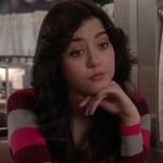 Maggie’s pink and grey striped long sleeve top with lace back on The Carrie Diaries