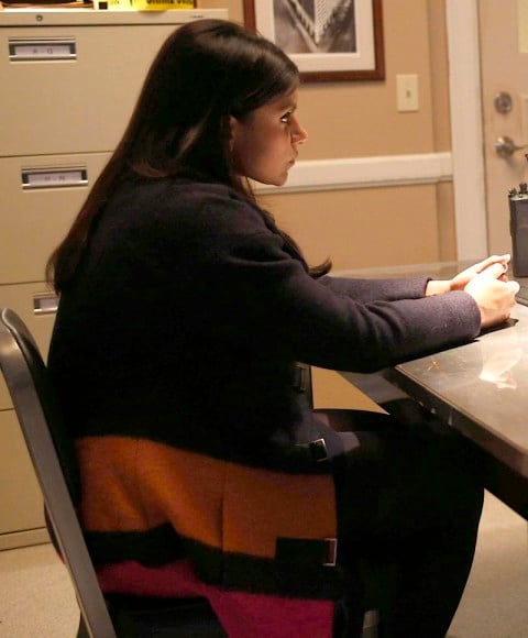 Mindys navy orange pink colorblock coat on The Mindy Project