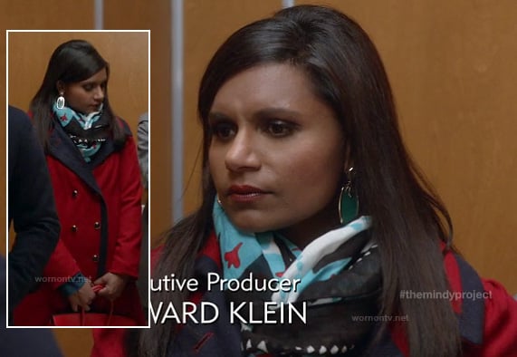 Mindy's red coat with navy blue trim on The Mindy Project