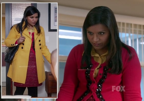 Mindys pink cardigan with black detail and yellow top with studded collar on The Mindy Project