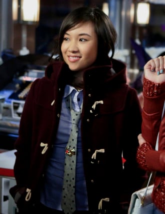 Jills burgundy duffle coat and grey polka dot tie on The Carrie Diaries