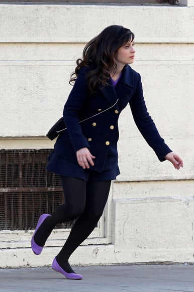 Jess Day's navy coat and purple flats on New Girl