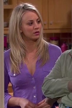 Penny’s purple button front shirt with pockets on The Big Bang Theory